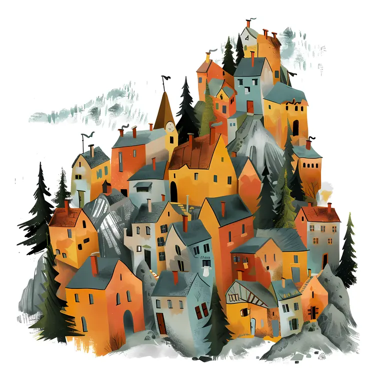 Cute Doodle Village with Colorful Houses