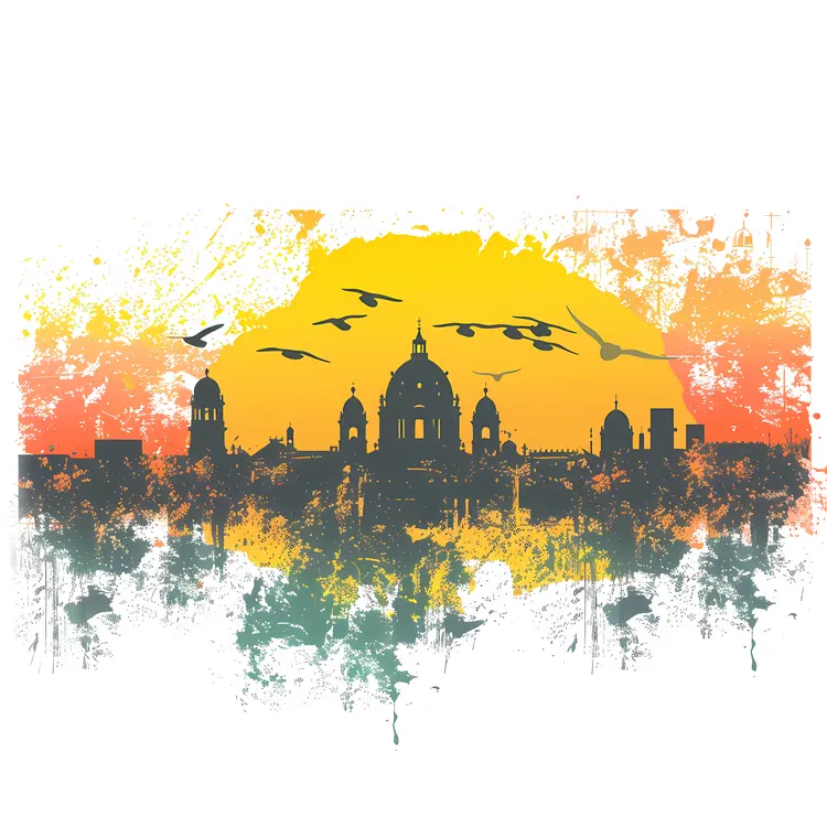 Sunset Skyline with Birds