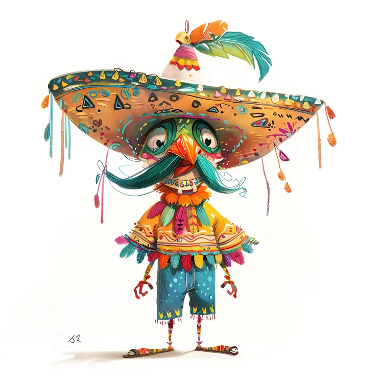 Colorful Character with Sombrero and Feathers