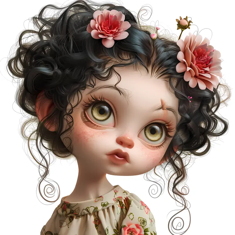 Girl with Curly Hair and Flowers