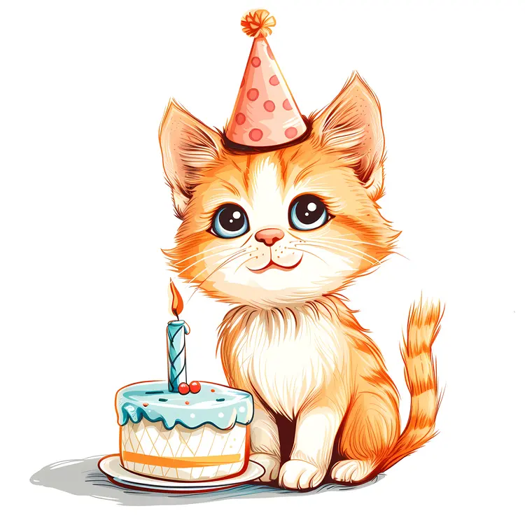 Orange Kitten with Birthday Hat and Cake