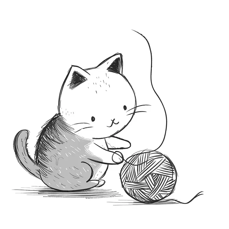 Sketch of Cat with Yarn Ball
