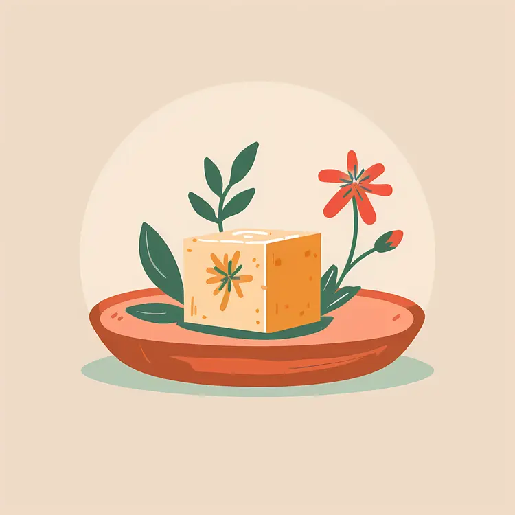 Tofu Cube on Red Plate with Flower