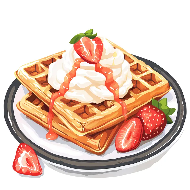 Appetizing Waffles with Strawberries and Cream