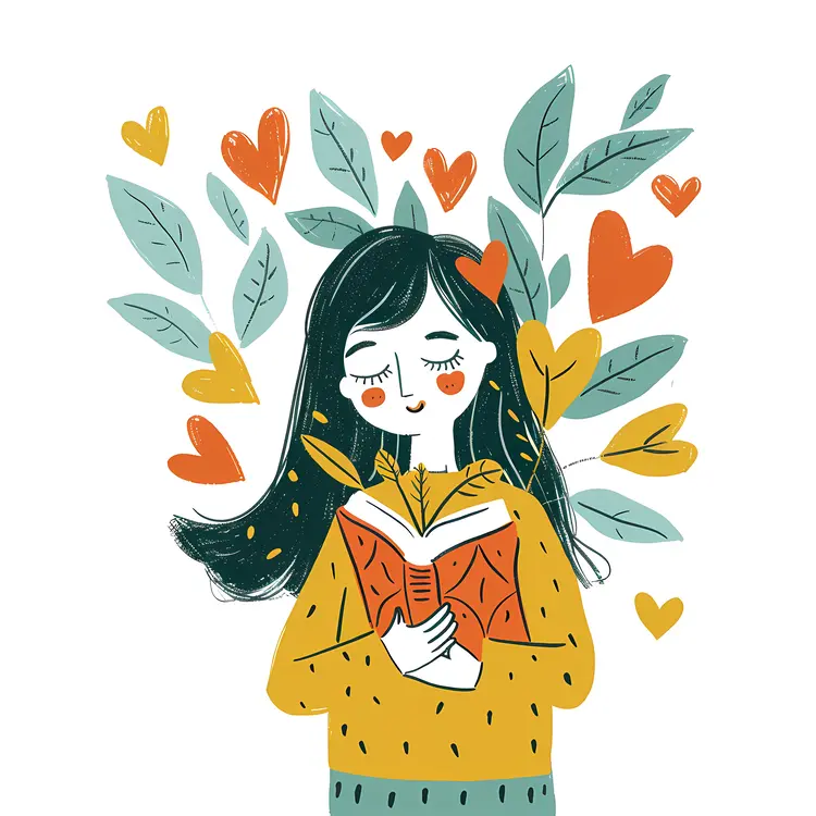 Girl Reading Book with Plants and Hearts
