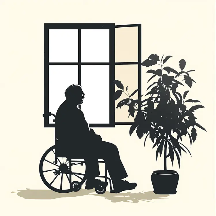Silhouette of Person in Wheelchair by Window with Plant