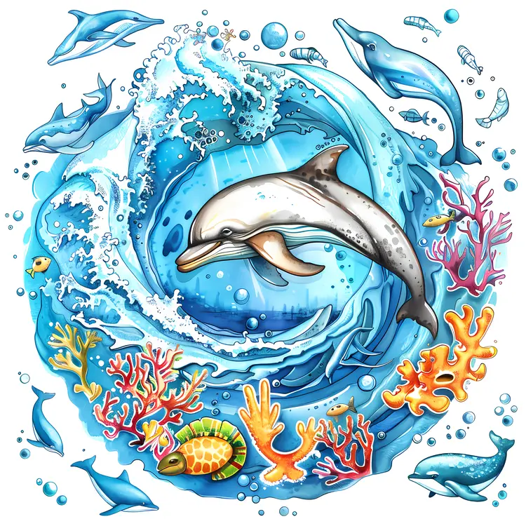 Dolphin and Ocean Waves Illustration