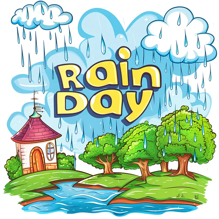 Rainy Day Illustration with Trees and House