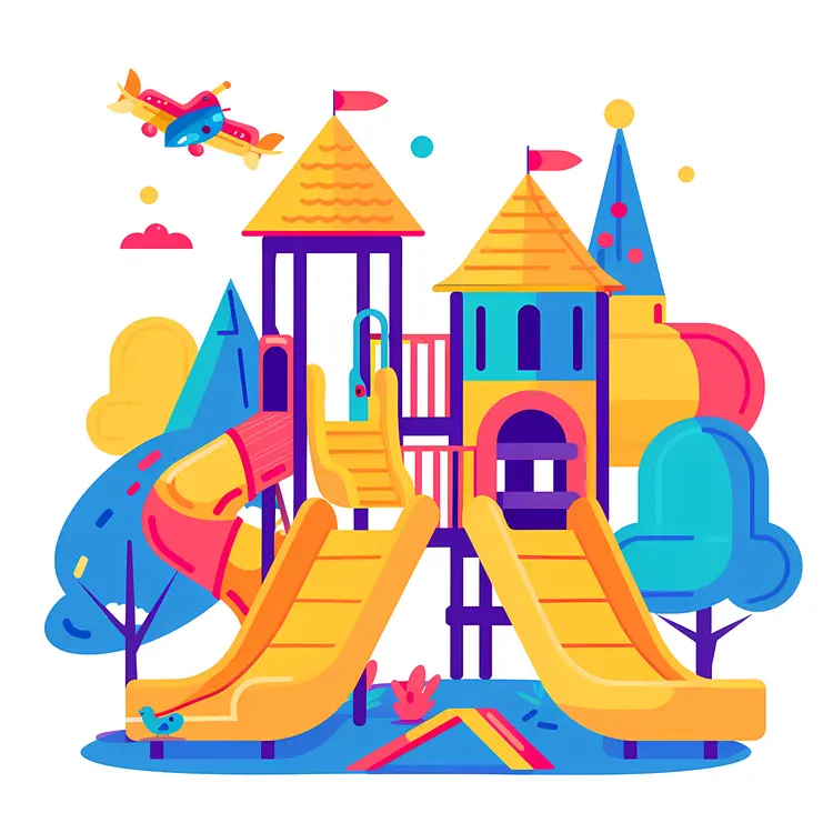 Colorful Playground with Slides and Trees