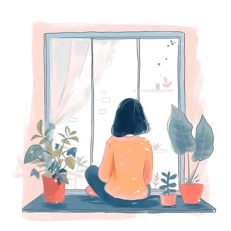 Woman Gazing Out the Window with Plants