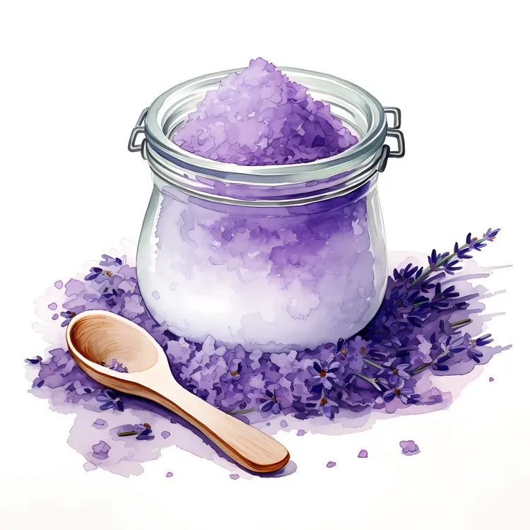 Purple Bath Salts in Jar with Wooden Spoon