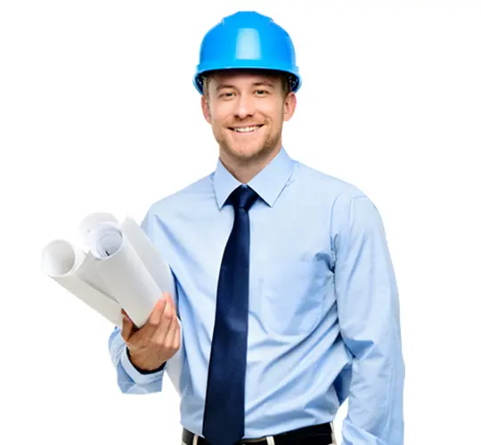 Engineer with Blue Helmet and Blueprints