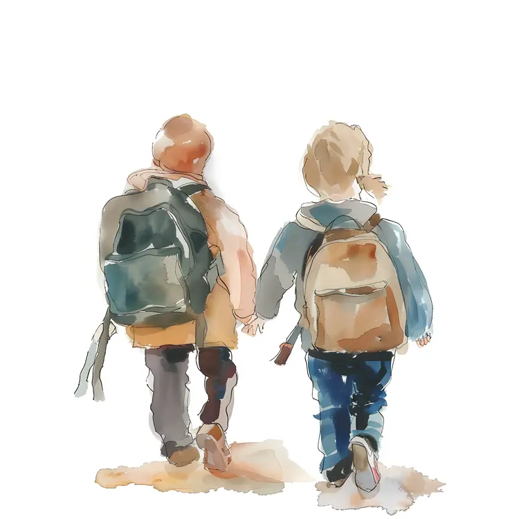 Children Holding Hands with Backpacks