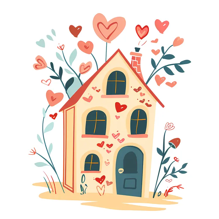 Small Cute Doodle House with Hearts and Flowers