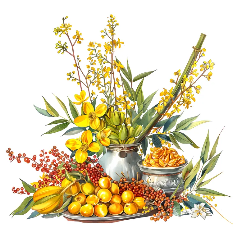 Yellow Flowers and Fruits Still Life