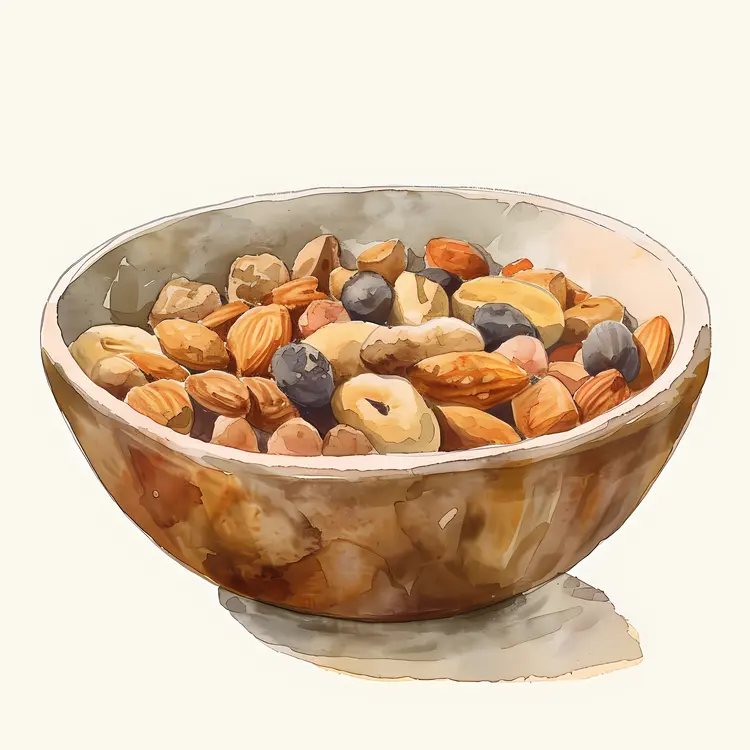 Watercolor of Mixed Nuts and Dried Fruits in a Bowl