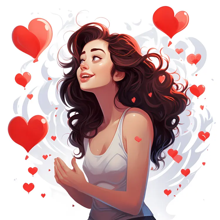 Happy Woman with Red Hearts