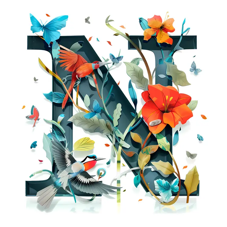 Floral N with Birds
