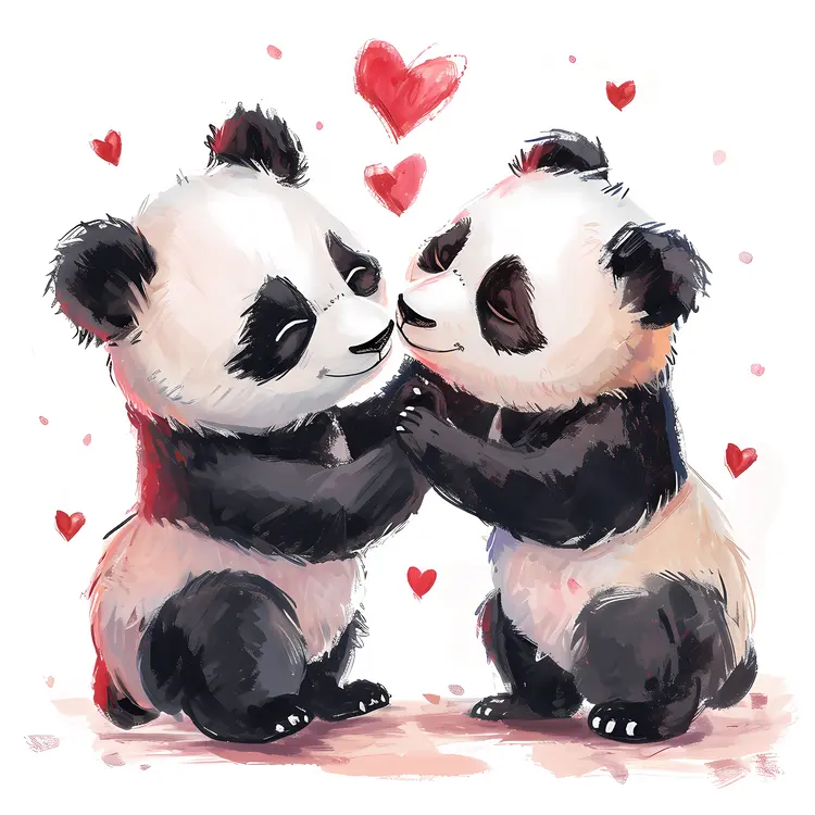 Pandas Hugging with Hearts