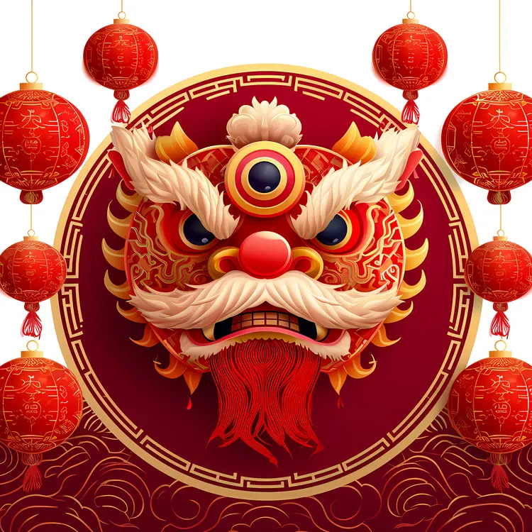 Dragon Mask and Red Lanterns for Chinese New Year
