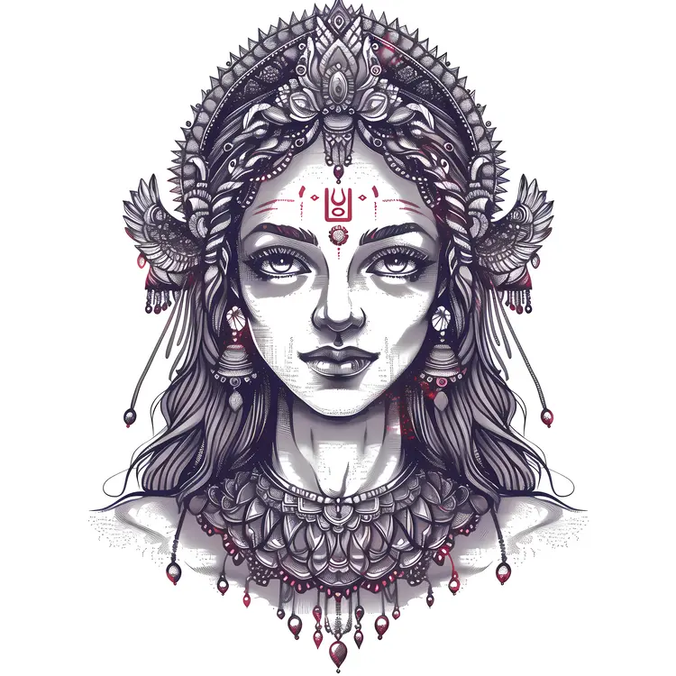 Monochrome Goddess Illustration with Detailed Ornaments