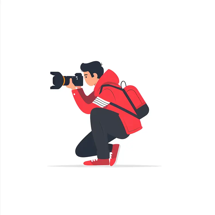 Photographer in Red Jacket Kneeling with Camera