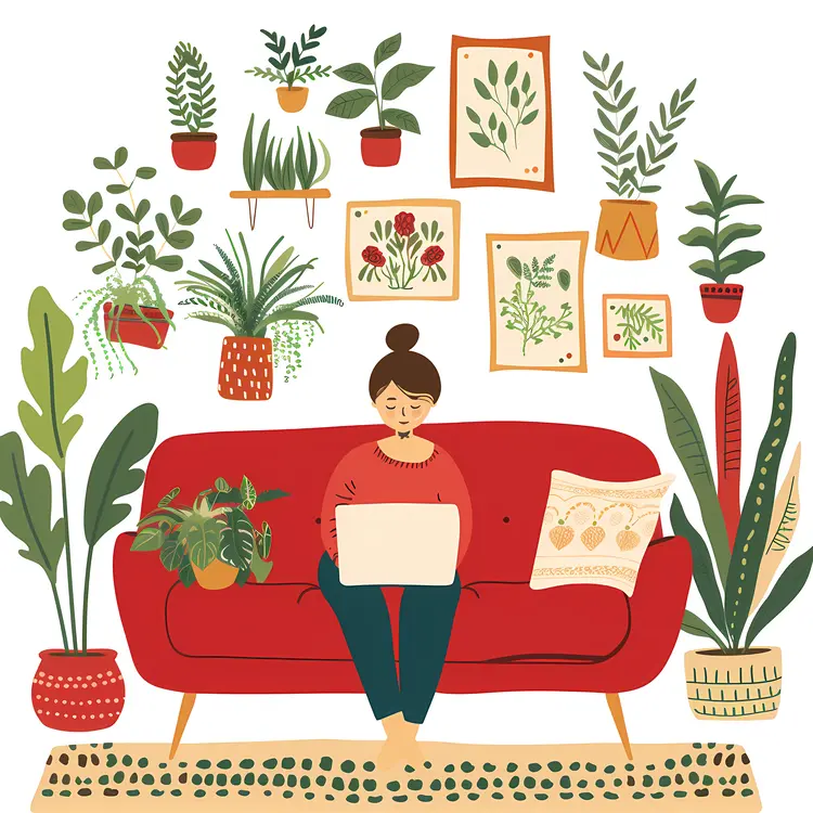 Woman Working on Laptop on Red Sofa
