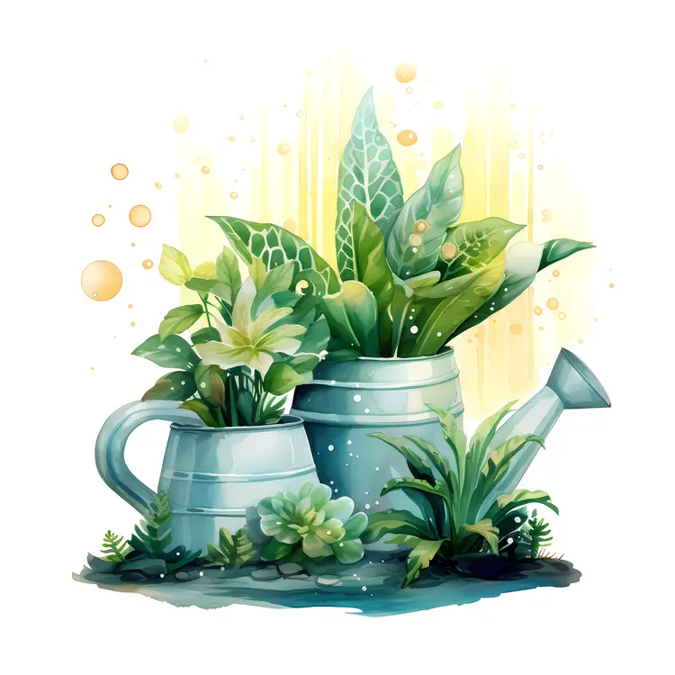 Watering Can with Succulents and Green Leaves