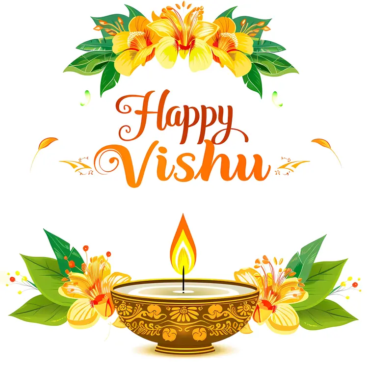 Happy Vishu with Flowers and Lamp