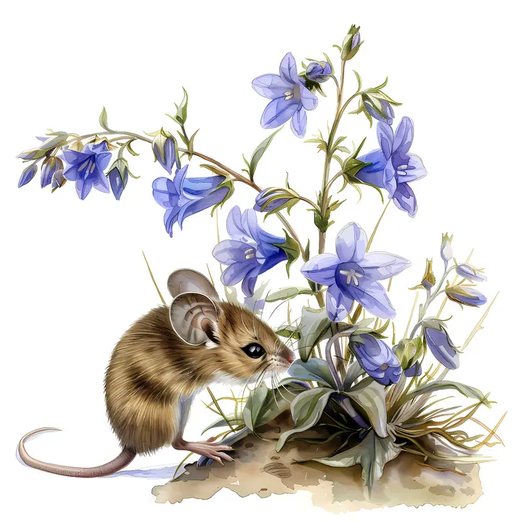 Cute Mouse with Bellflowers in Nature