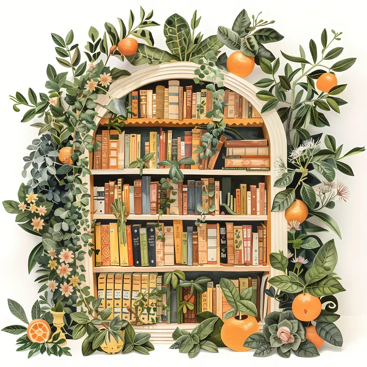 Bookshelf with Plants and Oranges