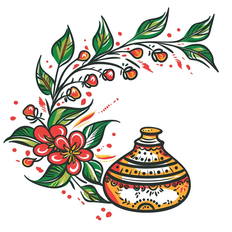 Decorative pot with flowers and leaves