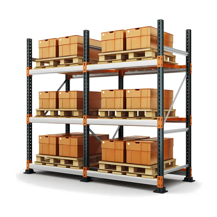 Warehouse Shelves with Boxes and Pallets