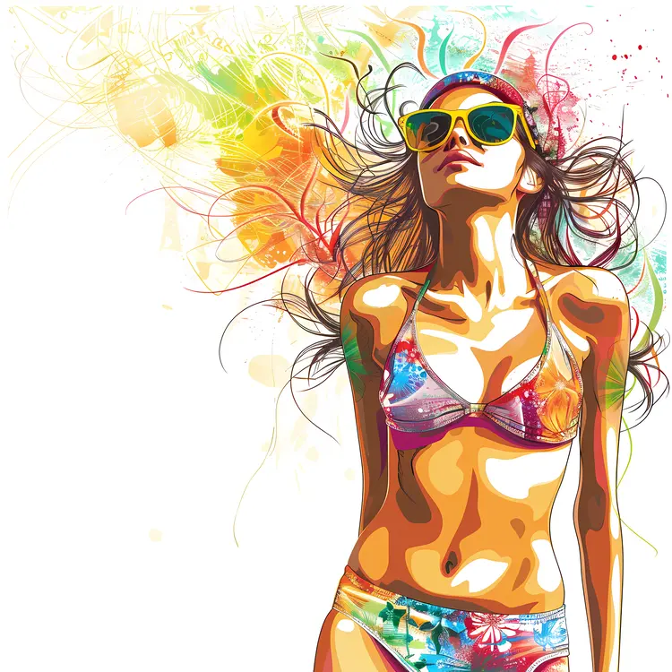 Colorful Woman in Bikini and Sunglasses