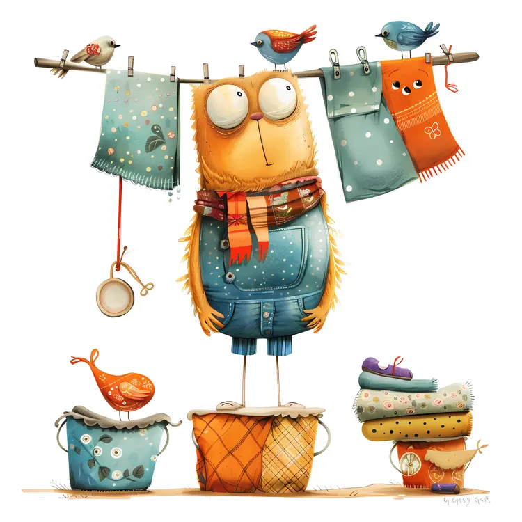 Cute Owl Hanging Out with Birds and Laundry