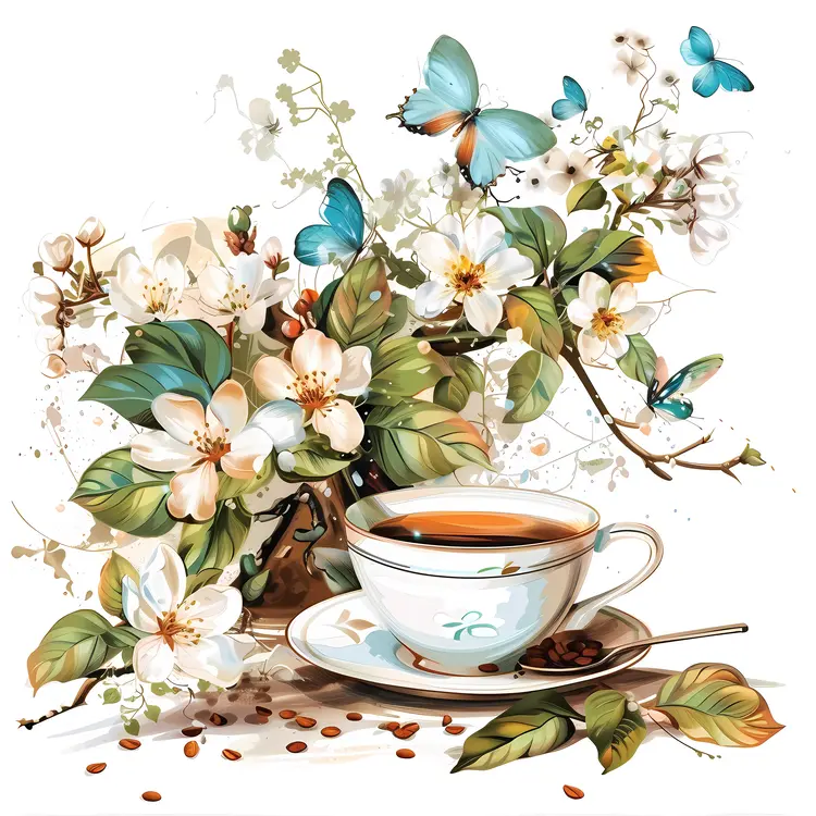Coffee cup with flowers and butterflies