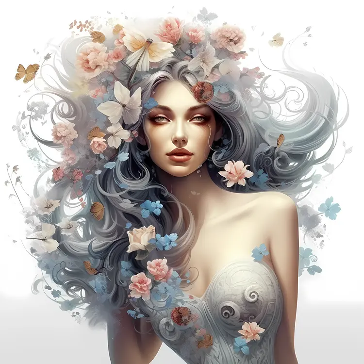Beautiful Woman with Floral Hair Illustration