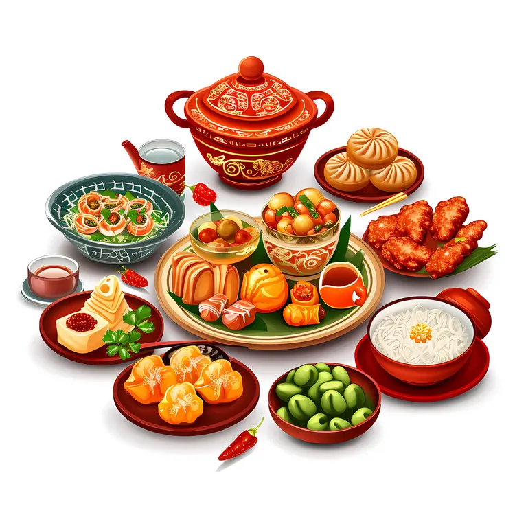 Chinese Cuisine with Teapot and Assorted Dishes