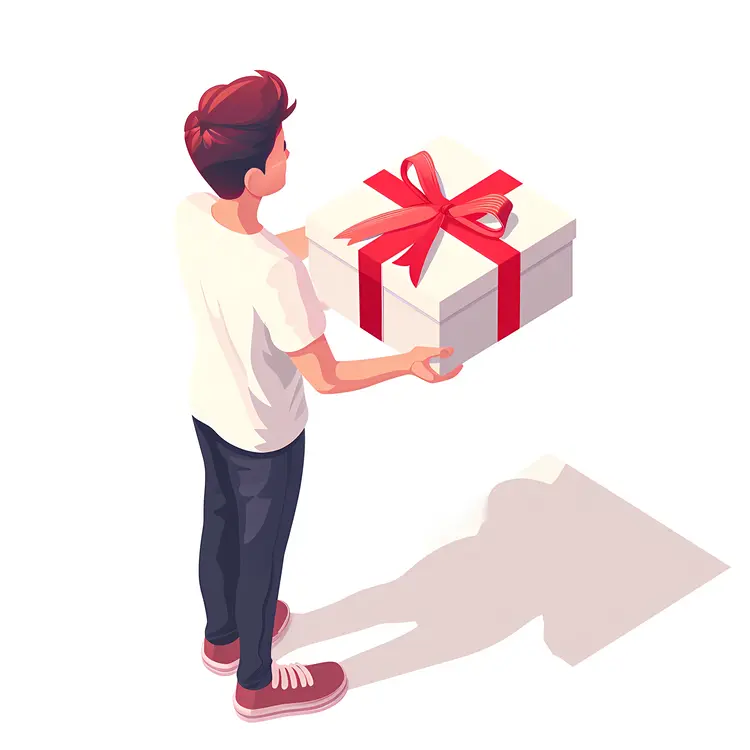 Boy Holding a Gift Box with Red Ribbon