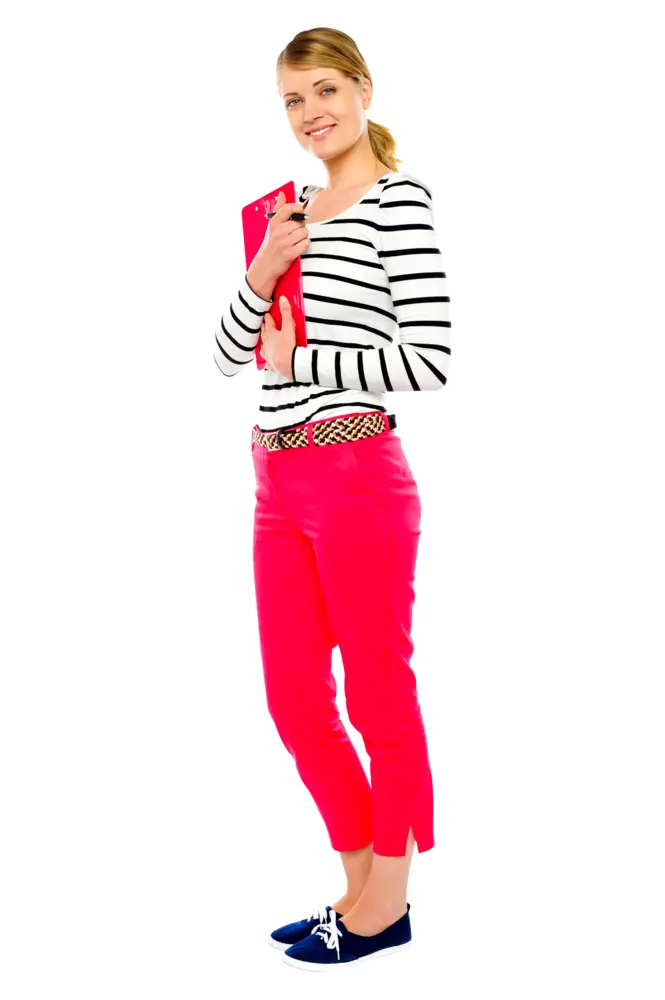 Woman in Striped Shirt Holding Notebook