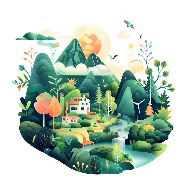 Beautiful Mountain Landscape with House and River