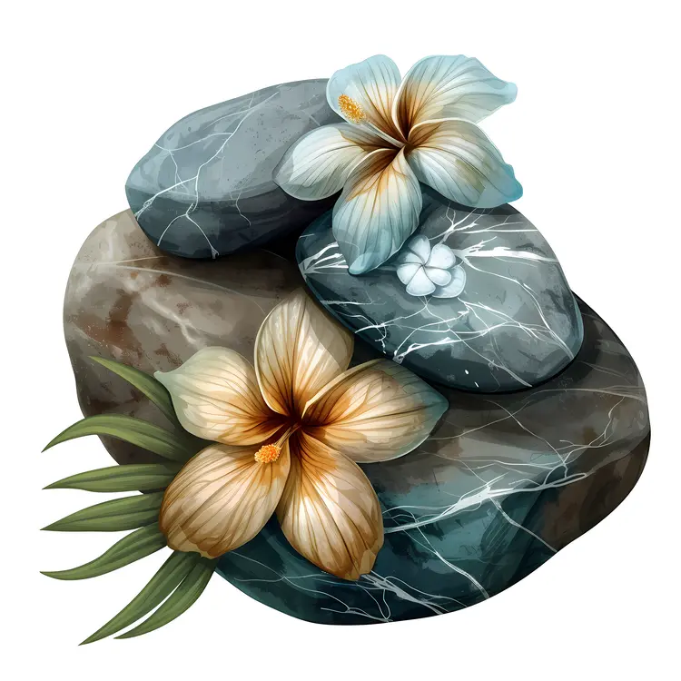 Zen Stones with Flowers and Leaves