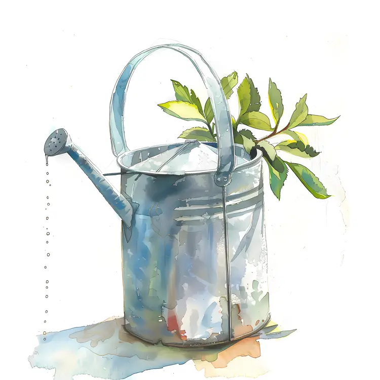 Watering Can with Leaves Illustration