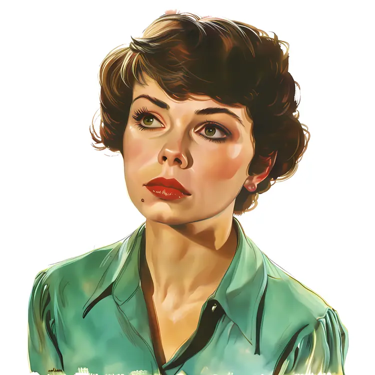 Vintage Woman in Green Shirt with Classic Look