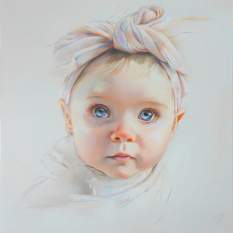 Adorable Baby with Headband in Detailed Drawing