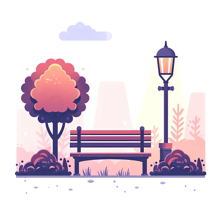 Park Bench with Tree and Lamp Post