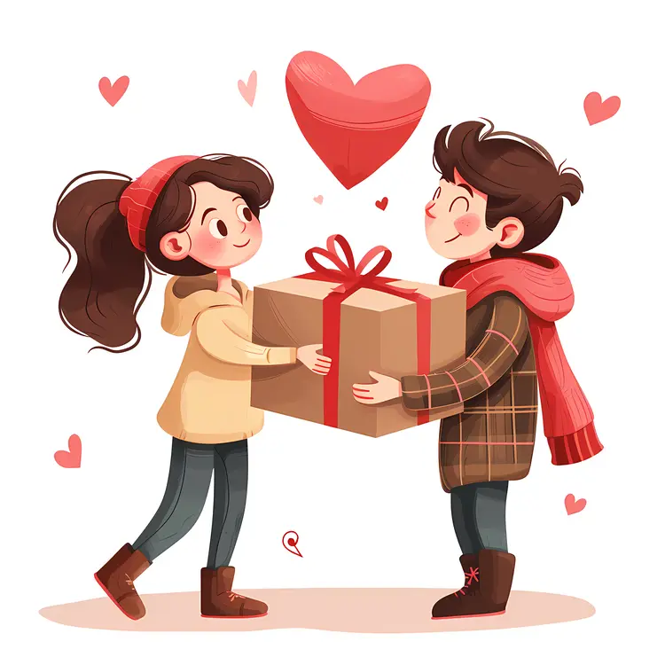 Couple Exchanging Gift with Hearts