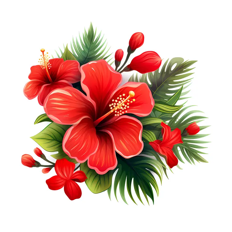 Bouquet of Red Hibiscus Flowers with Green Leaves