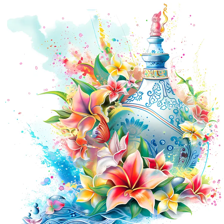 Decorative Vase with Colorful Flowers and Splashes
