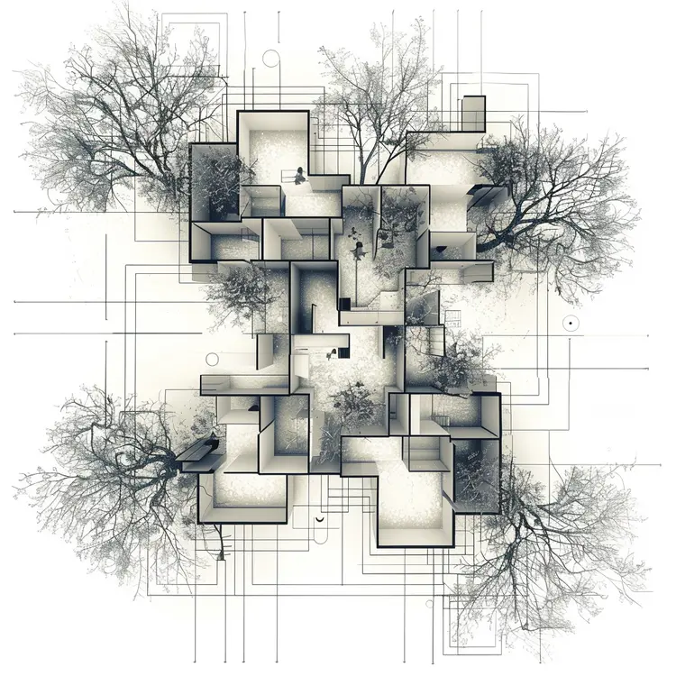 Architectural Design with Trees and Blueprint